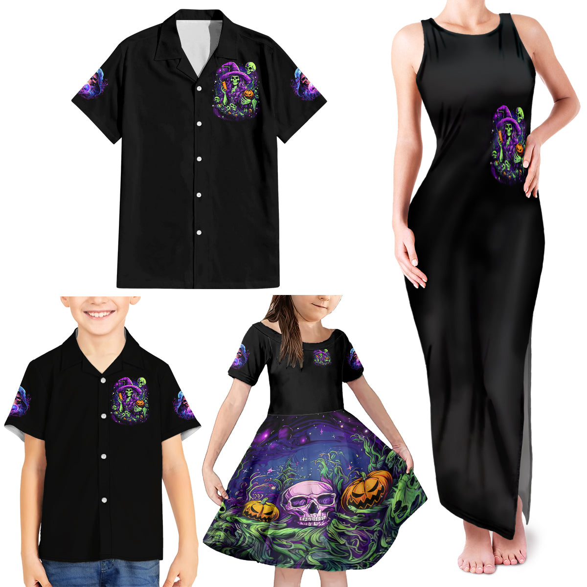 Witch Skull Family Matching Tank Maxi Dress and Hawaiian Shirt Don't Make Me Get The Flying Monkey - Wonder Print Shop