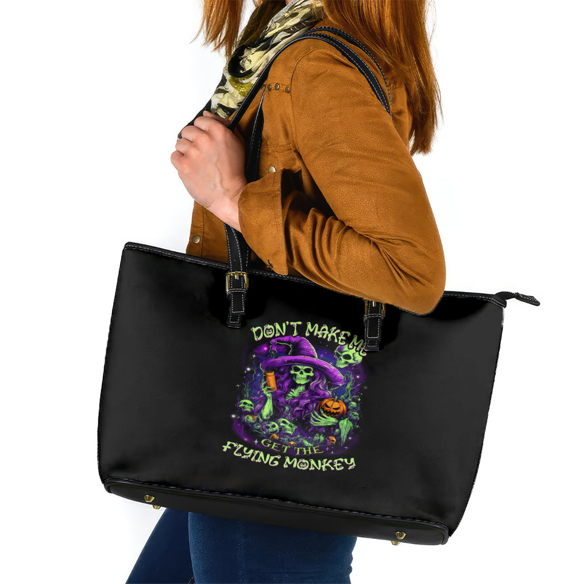 Witch Skull Leather Tote Bag Don't Make Me Get The Flying Monkey - Wonder Print Shop