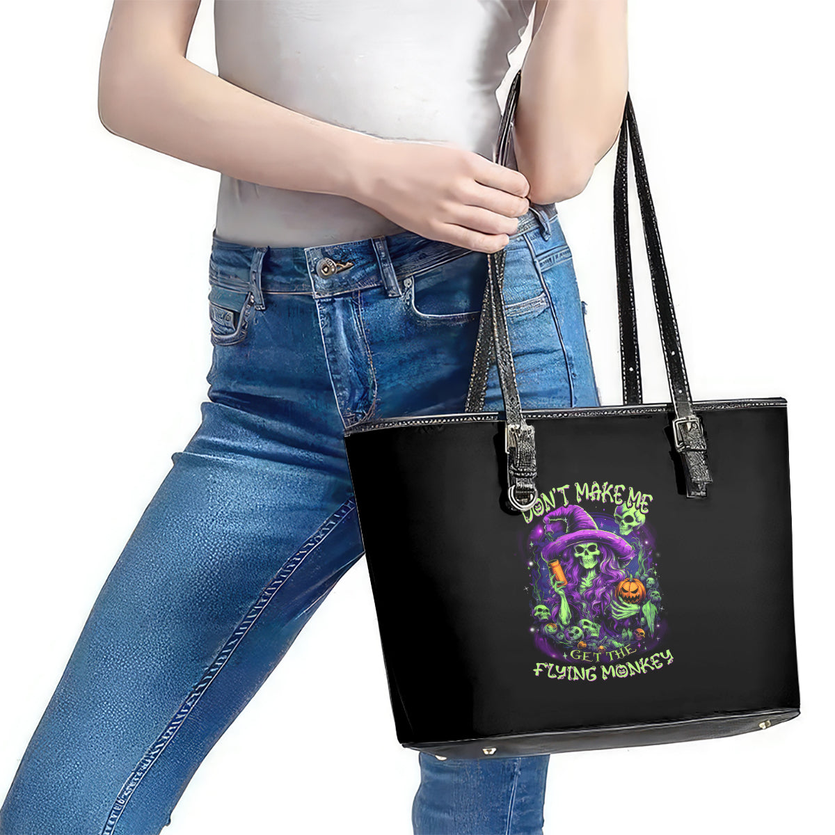 Witch Skull Leather Tote Bag Don't Make Me Get The Flying Monkey - Wonder Print Shop
