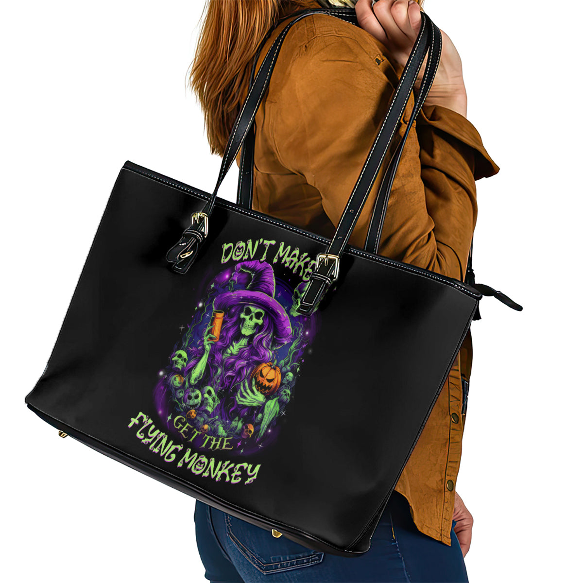 Witch Skull Leather Tote Bag Don't Make Me Get The Flying Monkey - Wonder Print Shop