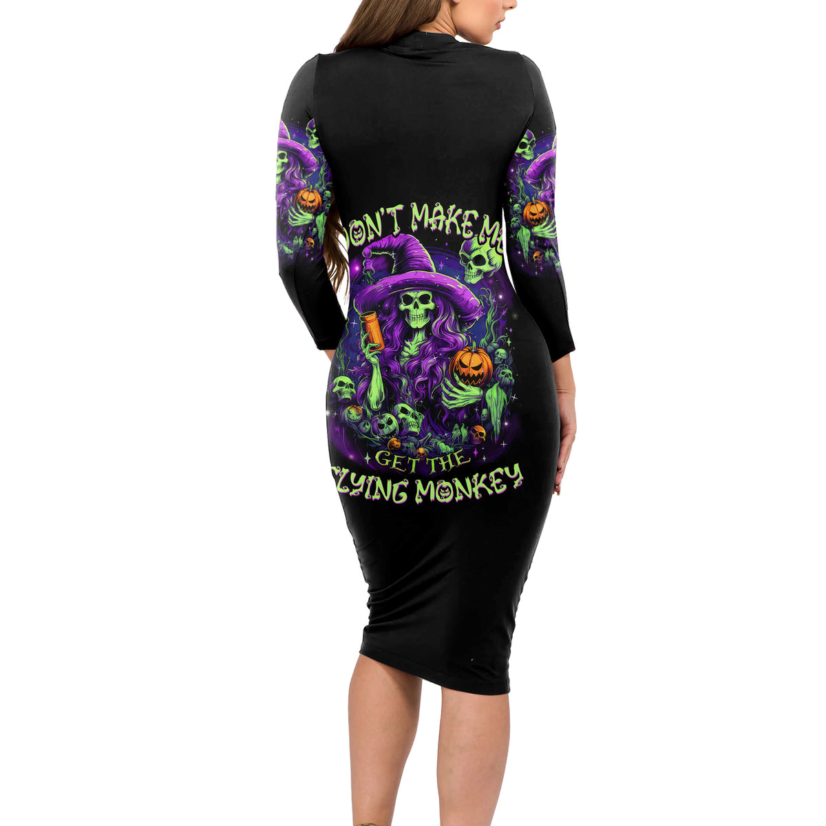 Witch Skull Long Sleeve Bodycon Dress Don't Make Me Get The Flying Monkey - Wonder Print Shop