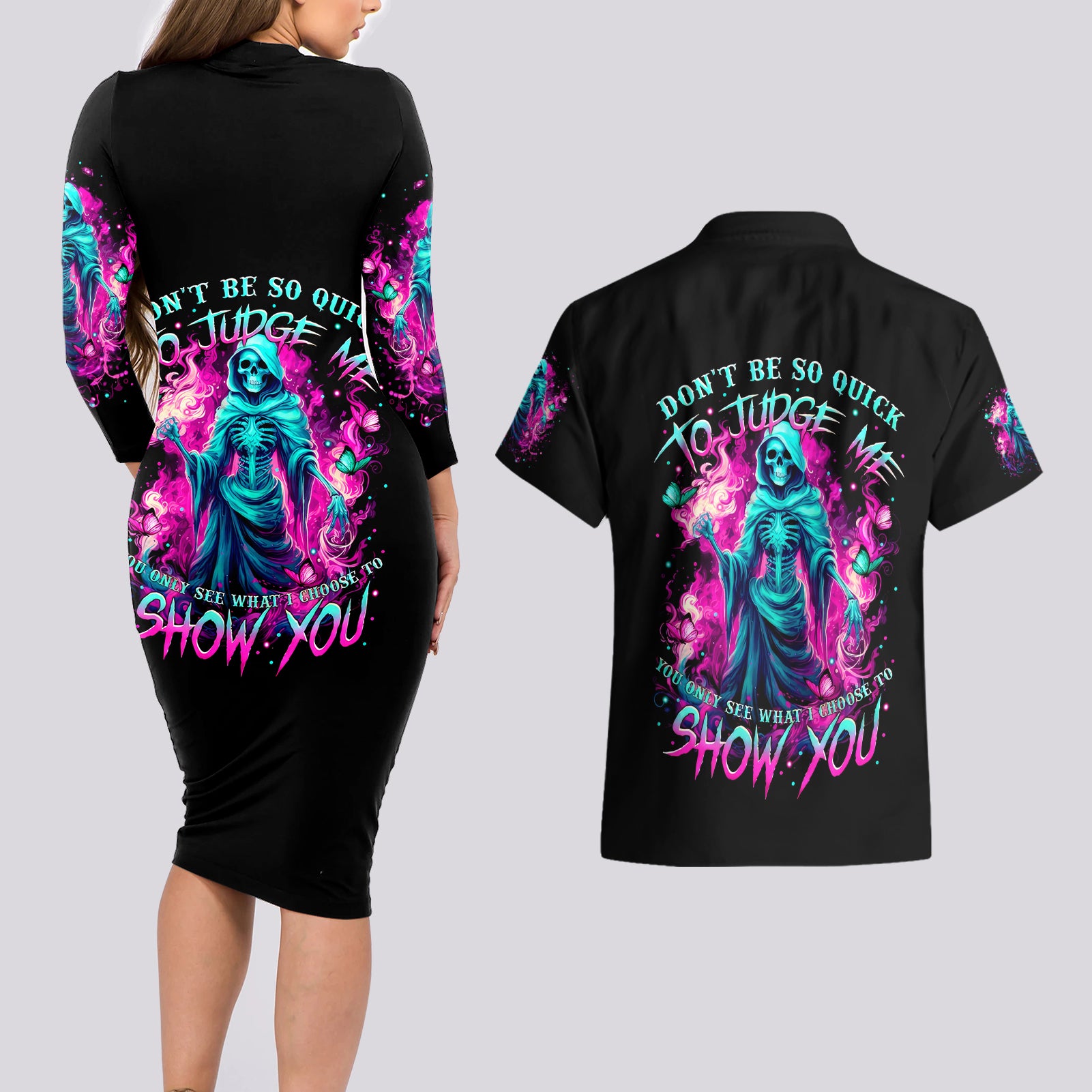 Witch Skull Couples Matching Long Sleeve Bodycon Dress and Hawaiian Shirt Don't Be So Quick To Judge Me - Wonder Print Shop
