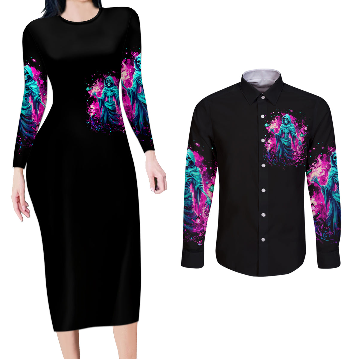 Witch Skull Couples Matching Long Sleeve Bodycon Dress and Long Sleeve Button Shirt Don't Be So Quick To Judge Me - Wonder Print Shop