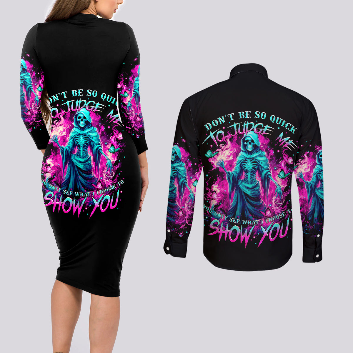 Witch Skull Couples Matching Long Sleeve Bodycon Dress and Long Sleeve Button Shirt Don't Be So Quick To Judge Me - Wonder Print Shop