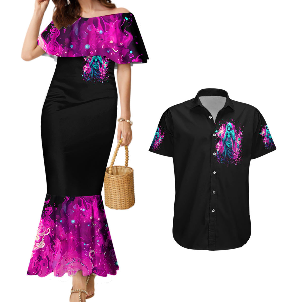 Witch Skull Couples Matching Mermaid Dress and Hawaiian Shirt Don't Be So Quick To Judge Me - Wonder Print Shop