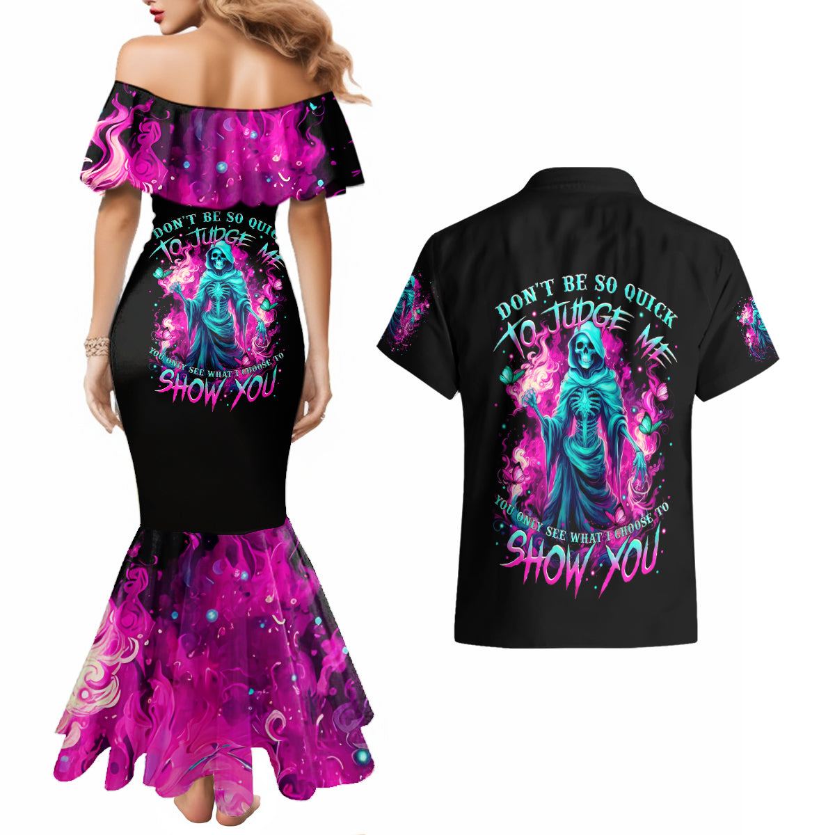 Witch Skull Couples Matching Mermaid Dress and Hawaiian Shirt Don't Be So Quick To Judge Me - Wonder Print Shop