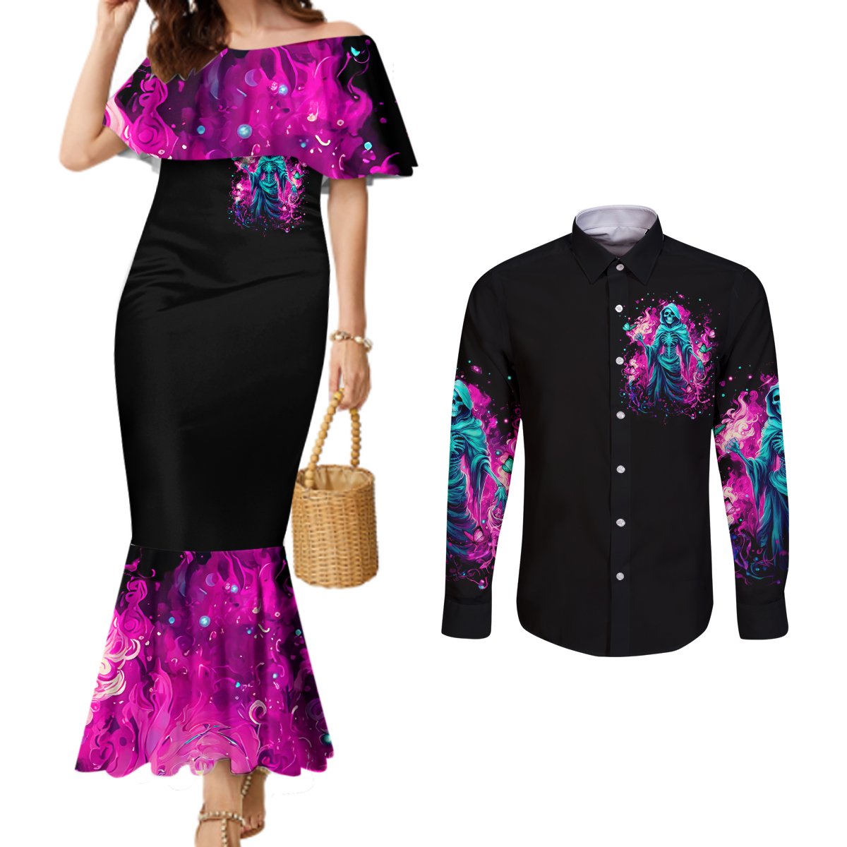 Witch Skull Couples Matching Mermaid Dress and Long Sleeve Button Shirt Don't Be So Quick To Judge Me DT01