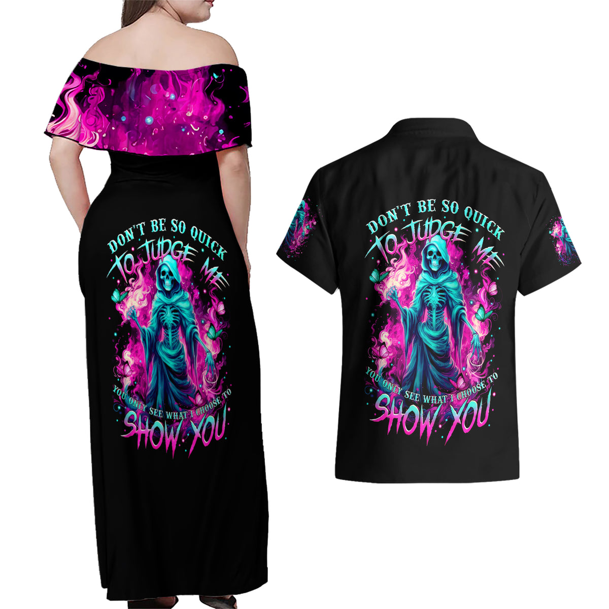 Witch Skull Couples Matching Off Shoulder Maxi Dress and Hawaiian Shirt Don't Be So Quick To Judge Me - Wonder Print Shop