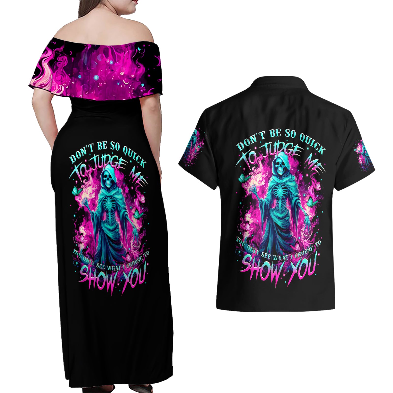 Witch Skull Couples Matching Off Shoulder Maxi Dress and Hawaiian Shirt Don't Be So Quick To Judge Me - Wonder Print Shop