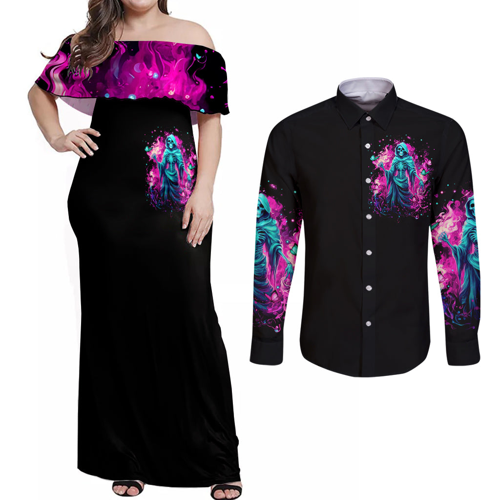 Witch Skull Couples Matching Off Shoulder Maxi Dress and Long Sleeve Button Shirt Don't Be So Quick To Judge Me - Wonder Print Shop