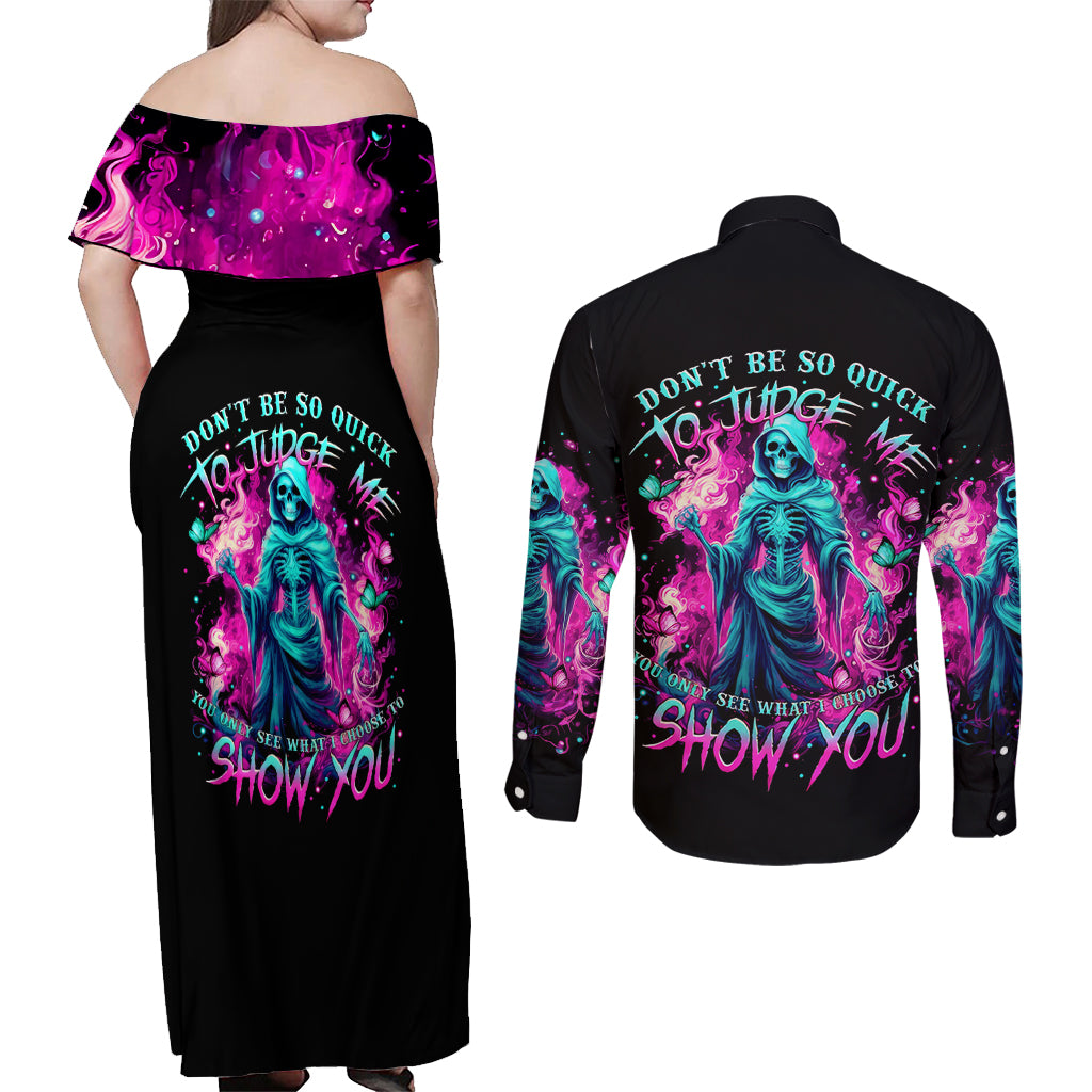 Witch Skull Couples Matching Off Shoulder Maxi Dress and Long Sleeve Button Shirt Don't Be So Quick To Judge Me - Wonder Print Shop