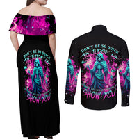 Witch Skull Couples Matching Off Shoulder Maxi Dress and Long Sleeve Button Shirt Don't Be So Quick To Judge Me - Wonder Print Shop