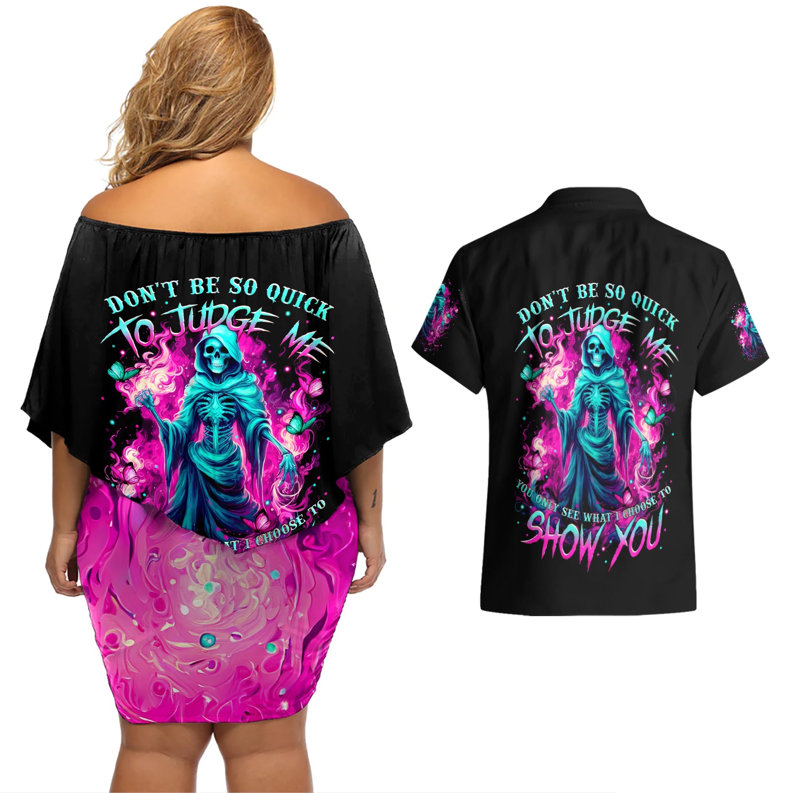 Witch Skull Couples Matching Off Shoulder Short Dress and Hawaiian Shirt Don't Be So Quick To Judge Me - Wonder Print Shop
