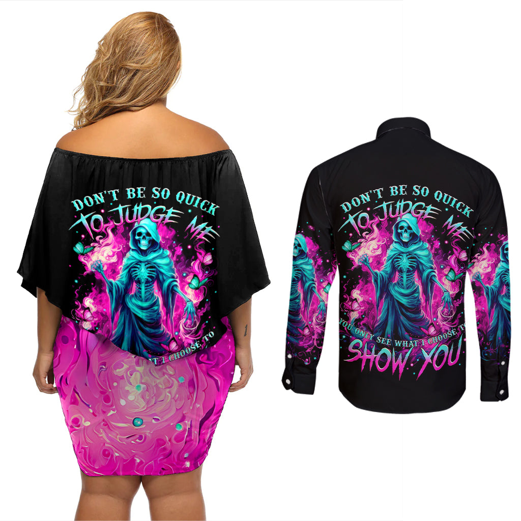 Witch Skull Couples Matching Off Shoulder Short Dress and Long Sleeve Button Shirt Don't Be So Quick To Judge Me - Wonder Print Shop