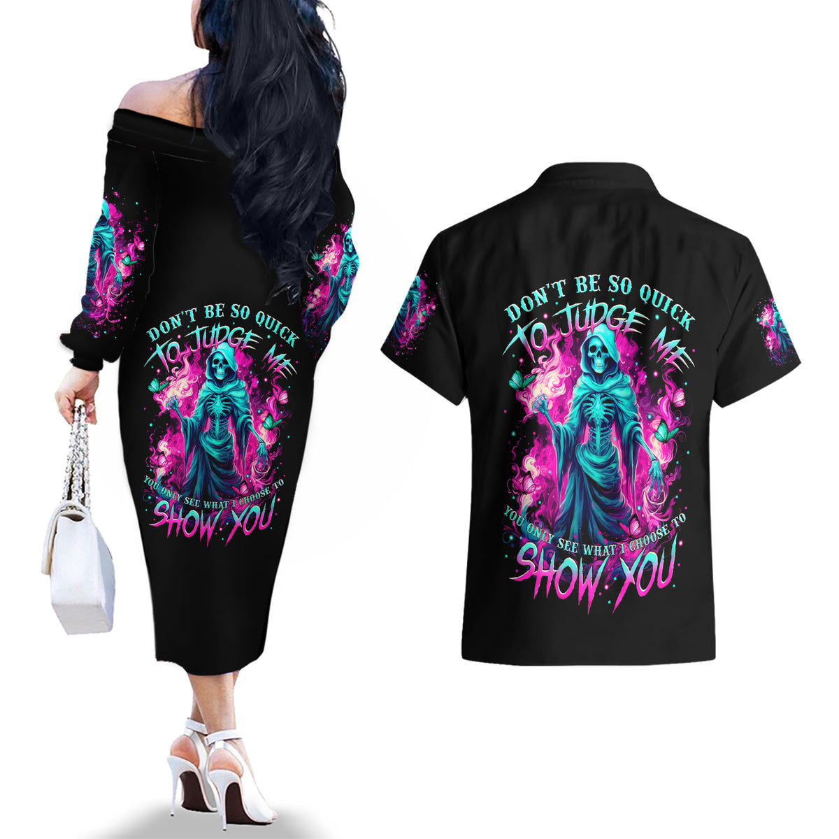 Witch Skull Couples Matching Off The Shoulder Long Sleeve Dress and Hawaiian Shirt Don't Be So Quick To Judge Me - Wonder Print Shop