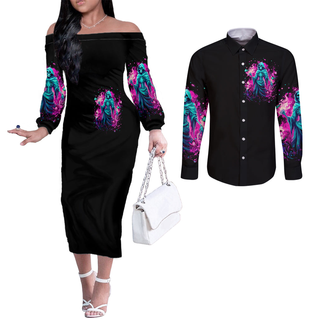 Witch Skull Couples Matching Off The Shoulder Long Sleeve Dress and Long Sleeve Button Shirt Don't Be So Quick To Judge Me DT01
