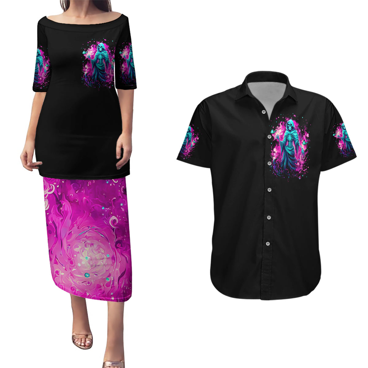Witch Skull Couples Matching Puletasi Dress and Hawaiian Shirt Don't Be So Quick To Judge Me - Wonder Print Shop