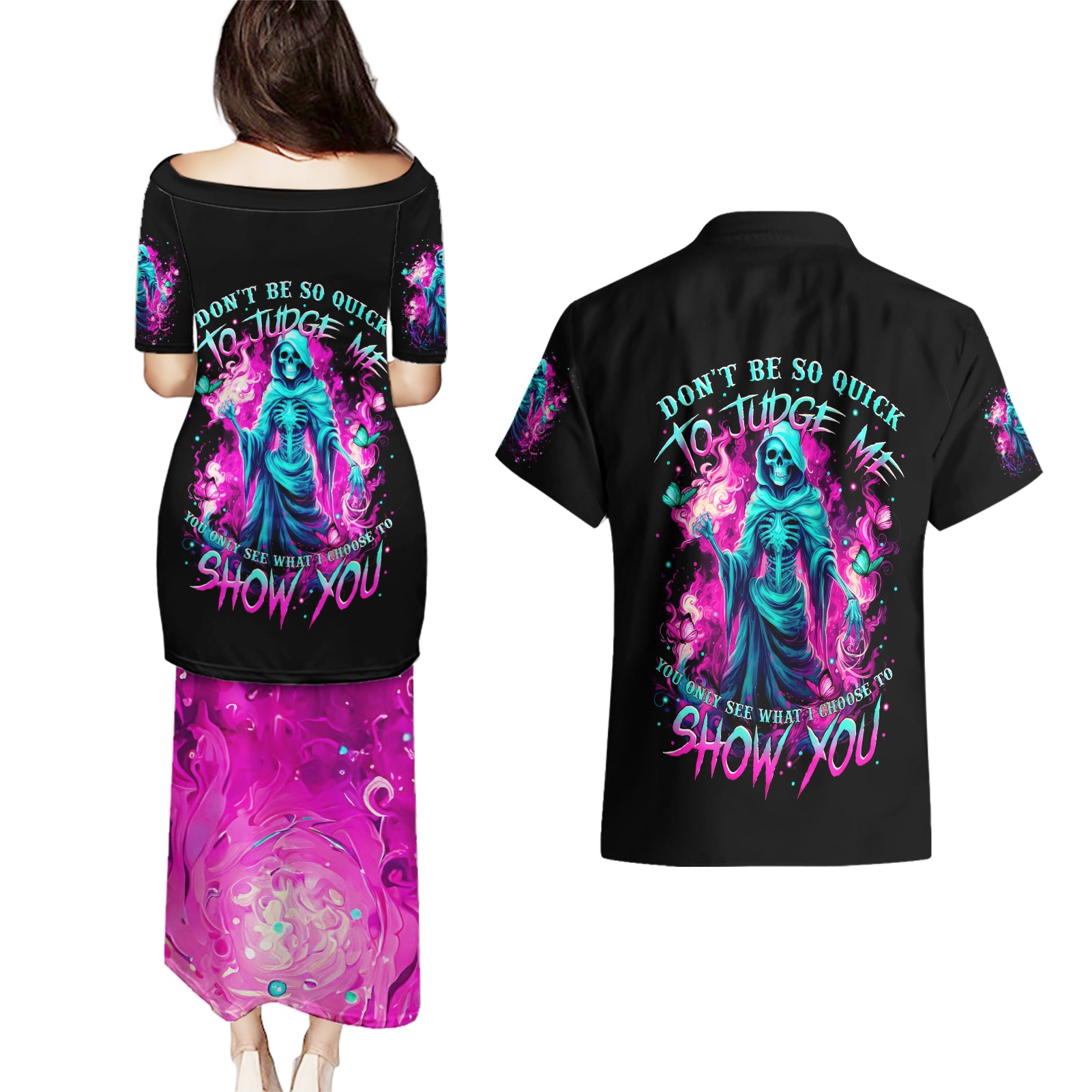 Witch Skull Couples Matching Puletasi Dress and Hawaiian Shirt Don't Be So Quick To Judge Me - Wonder Print Shop