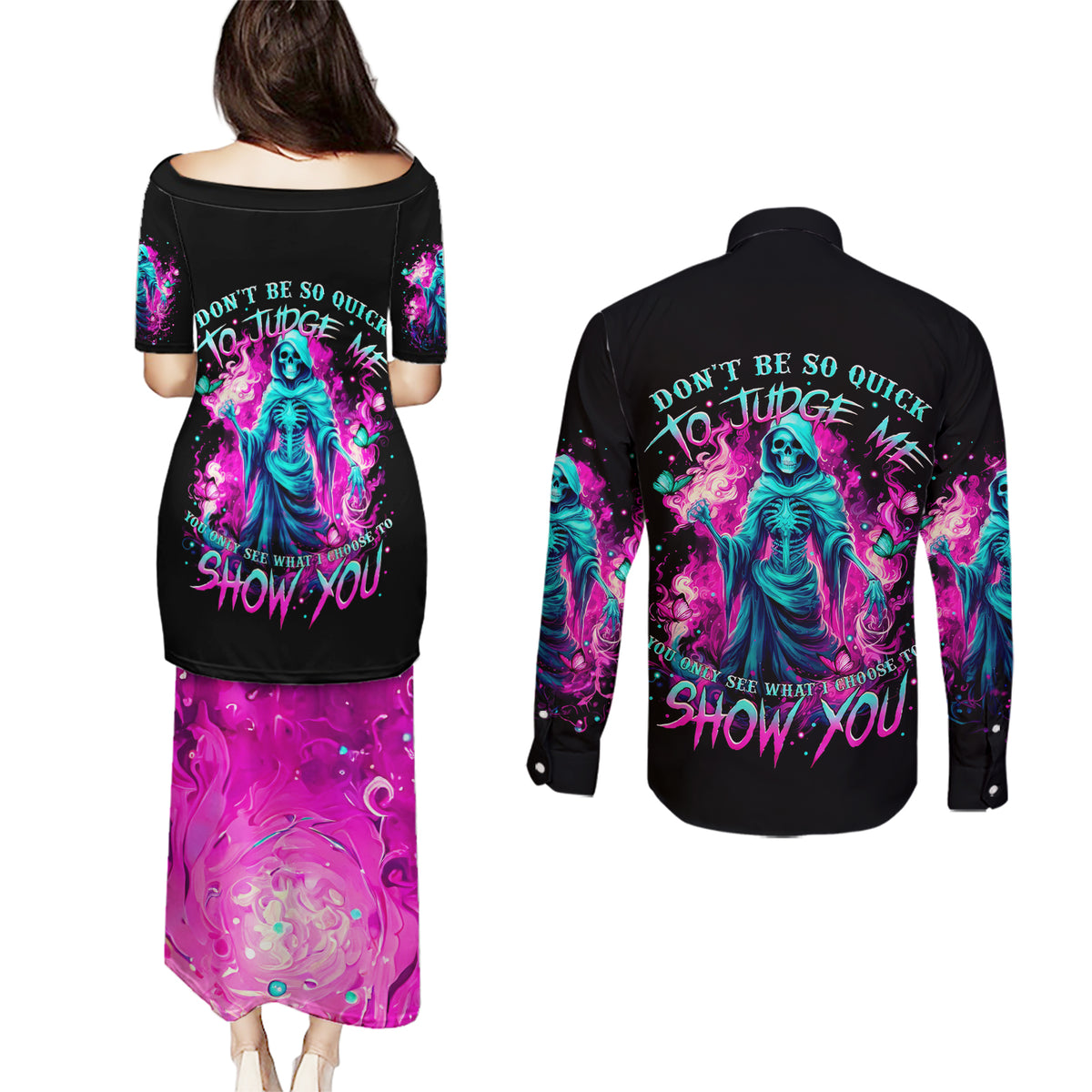 Witch Skull Couples Matching Puletasi Dress and Long Sleeve Button Shirt Don't Be So Quick To Judge Me - Wonder Print Shop