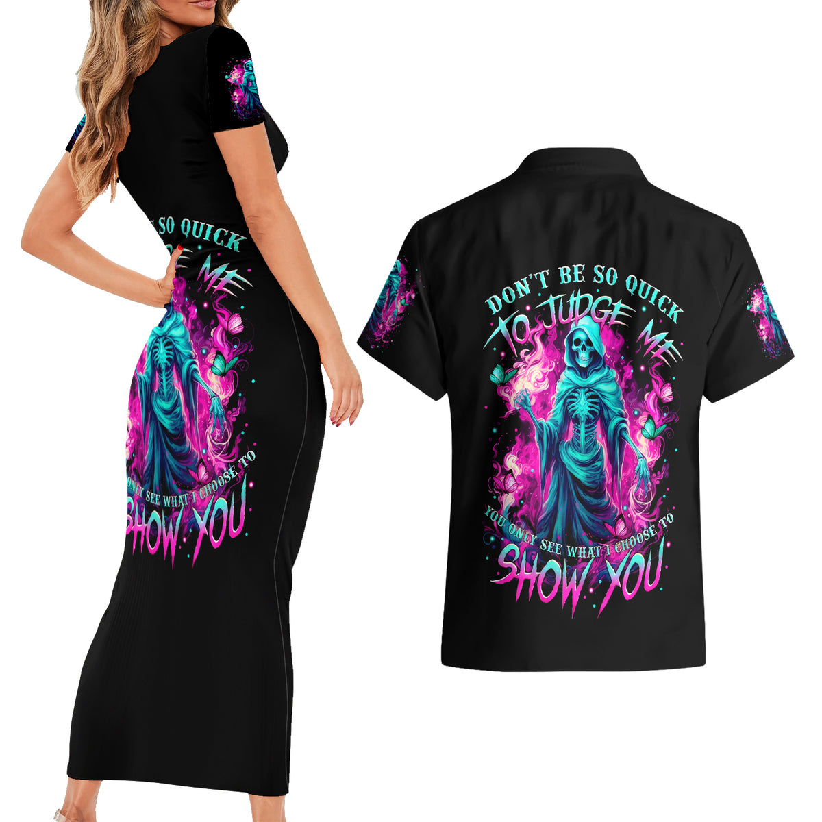 Witch Skull Couples Matching Short Sleeve Bodycon Dress and Hawaiian Shirt Don't Be So Quick To Judge Me - Wonder Print Shop
