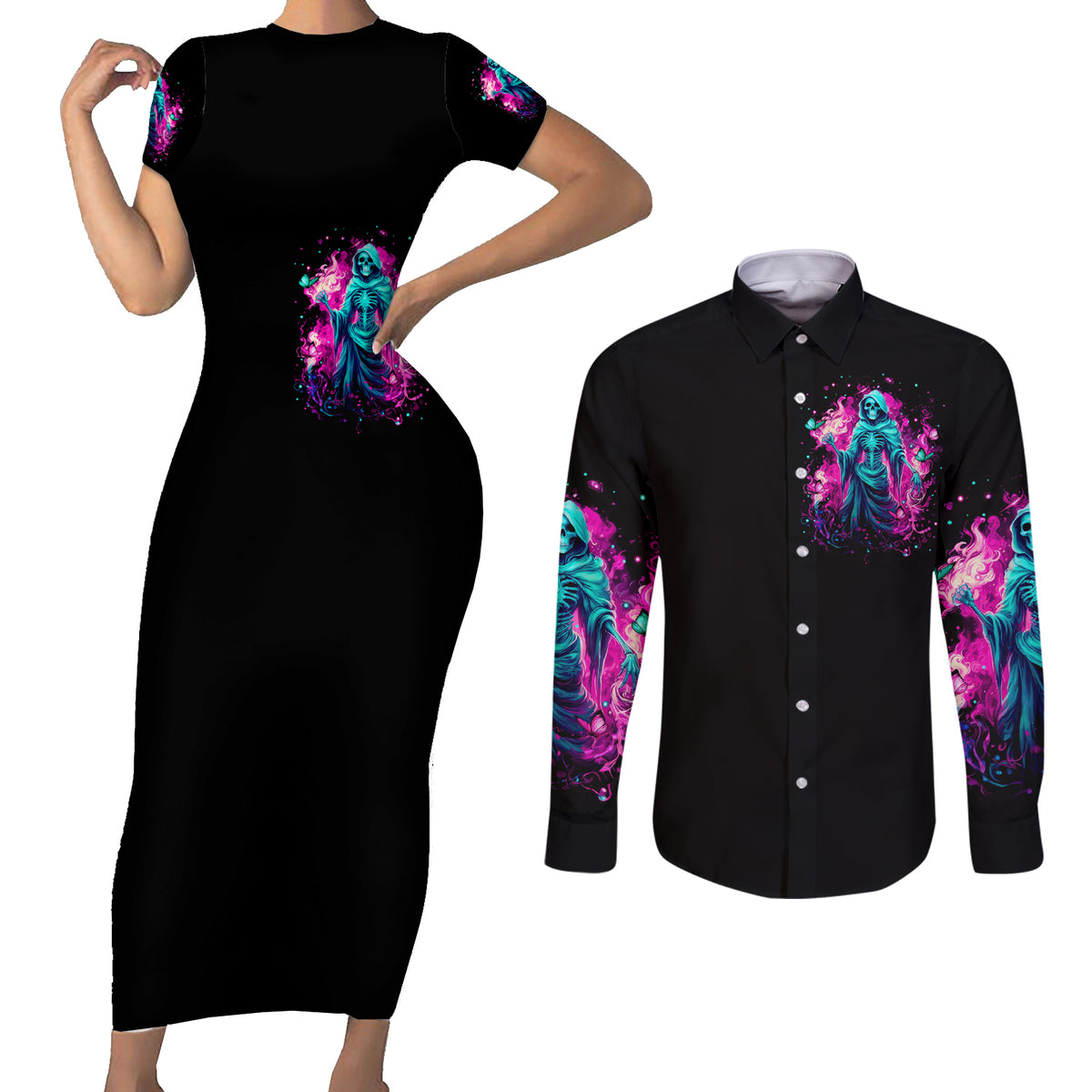 Witch Skull Couples Matching Short Sleeve Bodycon Dress and Long Sleeve Button Shirt Don't Be So Quick To Judge Me - Wonder Print Shop