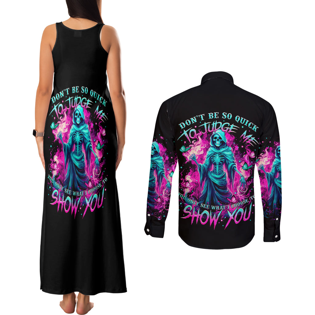 Witch Skull Couples Matching Tank Maxi Dress and Long Sleeve Button Shirt Don't Be So Quick To Judge Me - Wonder Print Shop