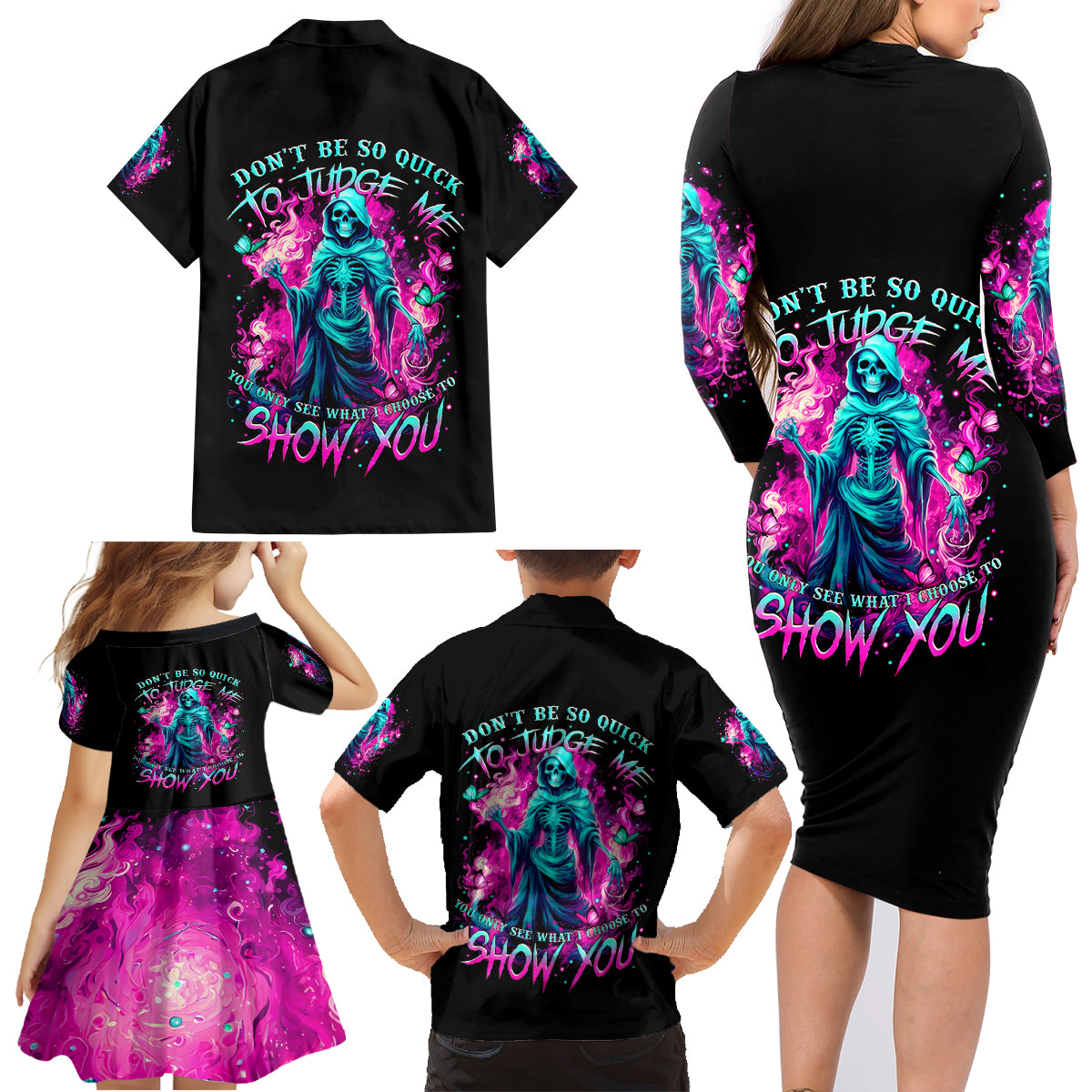Witch Skull Family Matching Long Sleeve Bodycon Dress and Hawaiian Shirt Don't Be So Quick To Judge Me - Wonder Print Shop