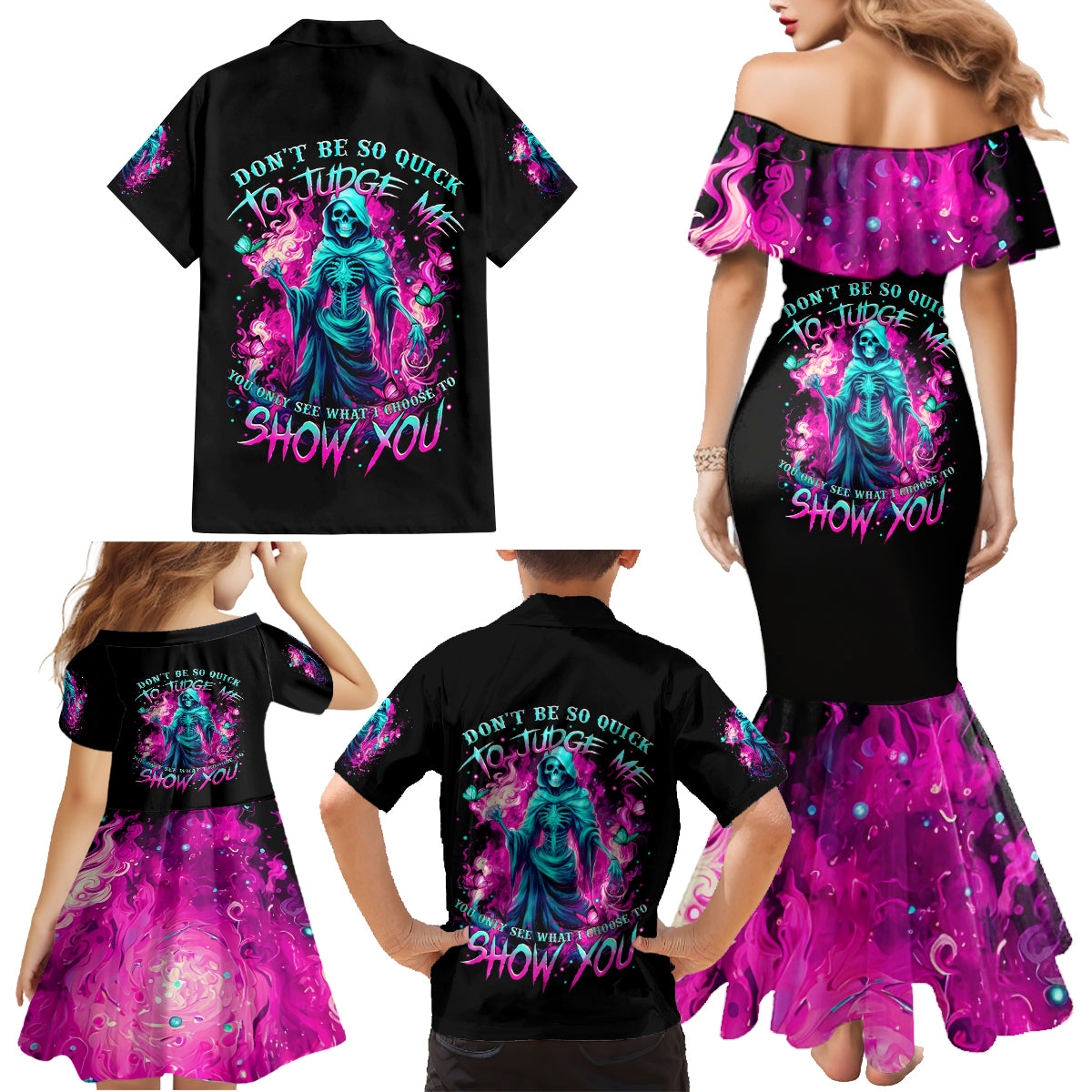 Witch Skull Family Matching Mermaid Dress and Hawaiian Shirt Don't Be So Quick To Judge Me - Wonder Print Shop