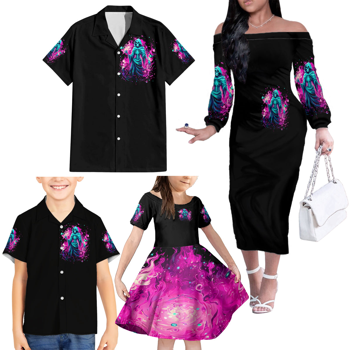 Witch Skull Family Matching Off Shoulder Long Sleeve Dress and Hawaiian Shirt Don't Be So Quick To Judge Me - Wonder Print Shop