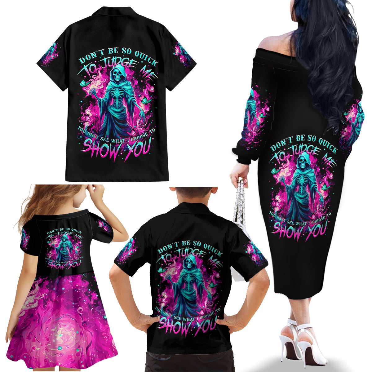Witch Skull Family Matching Off Shoulder Long Sleeve Dress and Hawaiian Shirt Don't Be So Quick To Judge Me - Wonder Print Shop