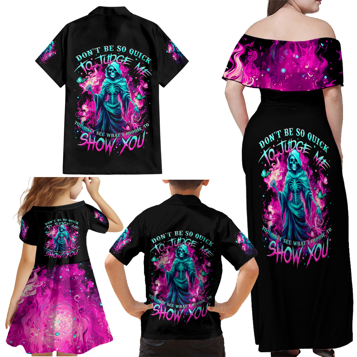 Witch Skull Family Matching Off Shoulder Maxi Dress and Hawaiian Shirt Don't Be So Quick To Judge Me - Wonder Print Shop