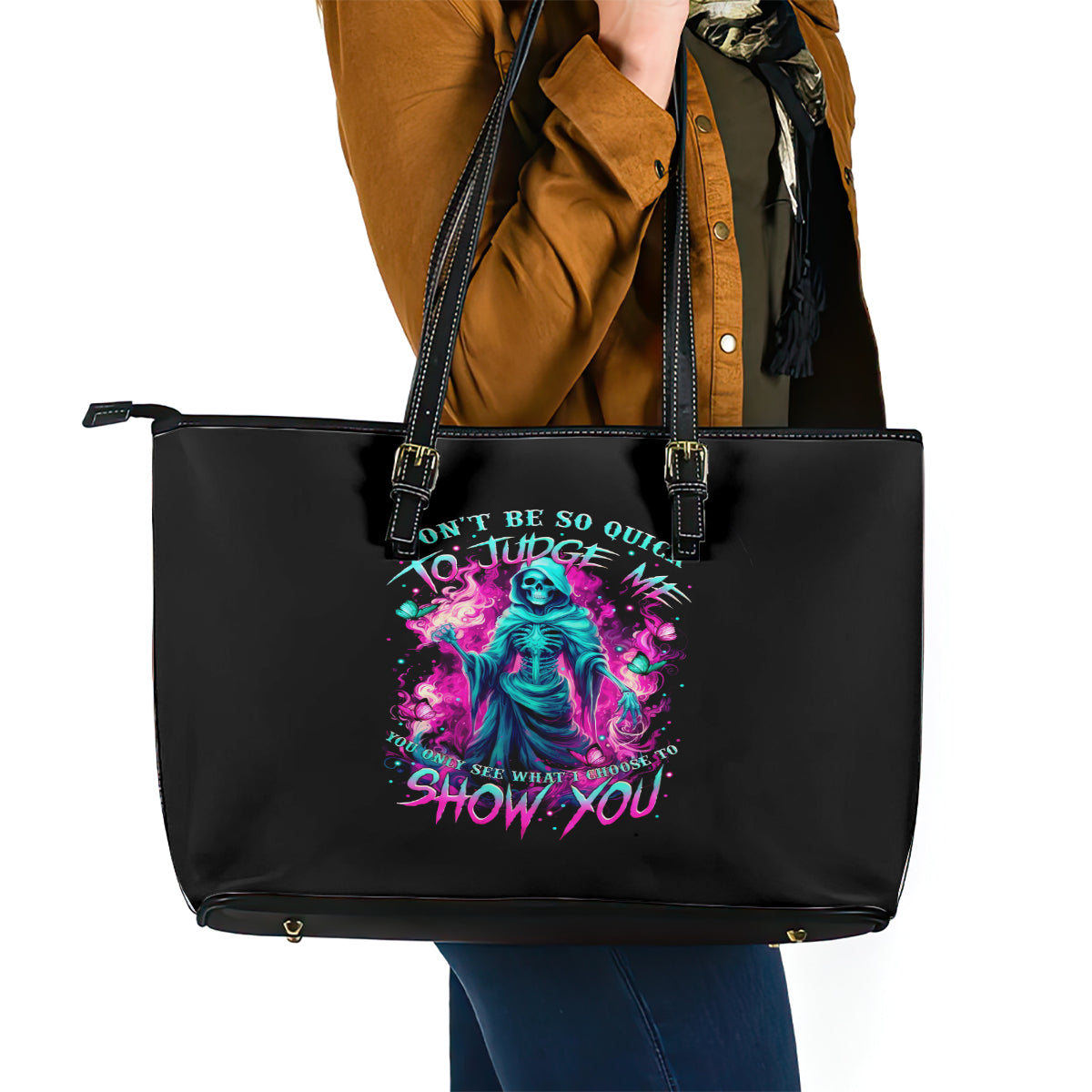 Witch Skull Leather Tote Bag Don't Be So Quick To Judge Me - Wonder Print Shop