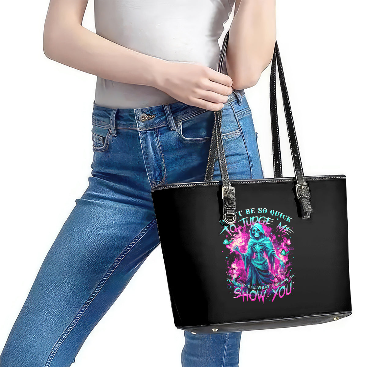 Witch Skull Leather Tote Bag Don't Be So Quick To Judge Me - Wonder Print Shop