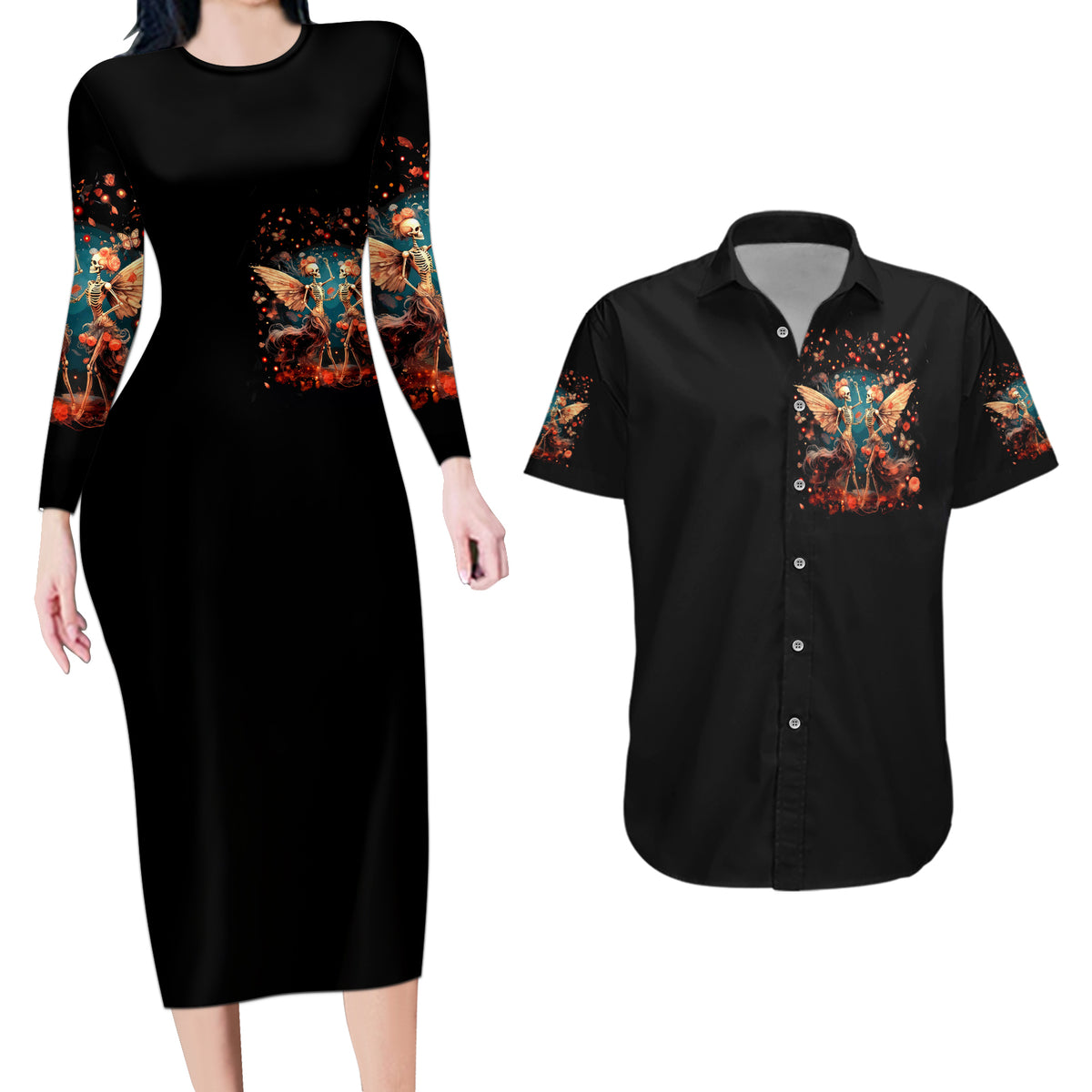 Fairy Skull Couples Matching Long Sleeve Bodycon Dress and Hawaiian Shirt Hello Darkness My Old Friend - Wonder Print Shop