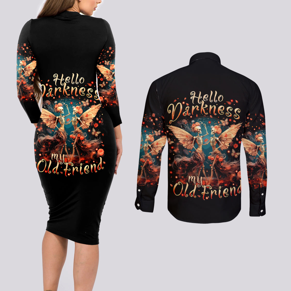 Fairy Skull Couples Matching Long Sleeve Bodycon Dress and Long Sleeve Button Shirt Hello Darkness My Old Friend - Wonder Print Shop