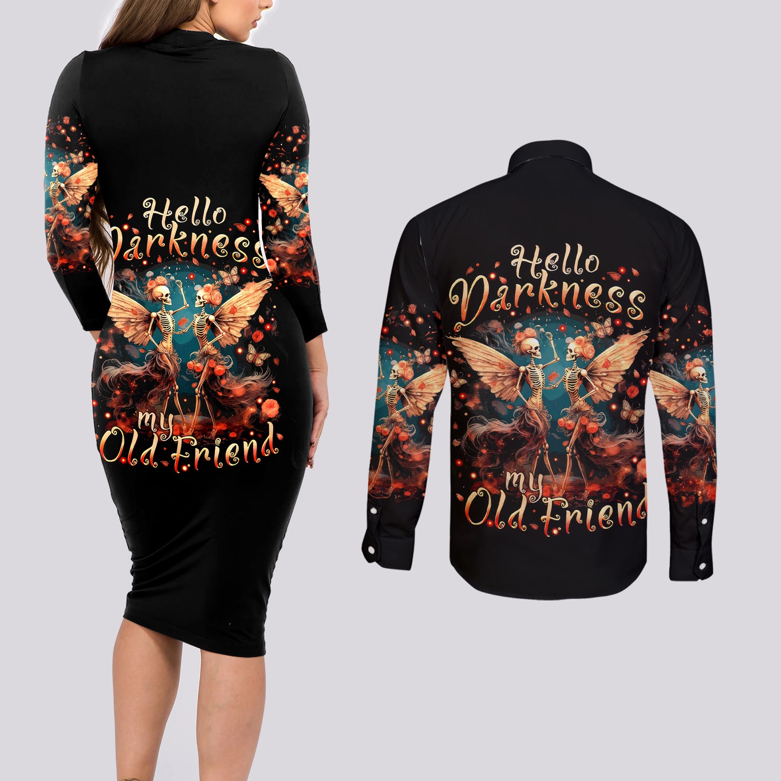 Fairy Skull Couples Matching Long Sleeve Bodycon Dress and Long Sleeve Button Shirt Hello Darkness My Old Friend - Wonder Print Shop