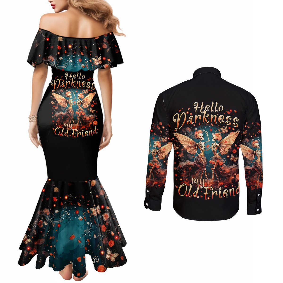 Fairy Skull Couples Matching Mermaid Dress and Long Sleeve Button Shirt Hello Darkness My Old Friend DT01