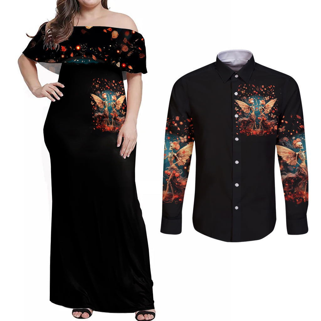 Fairy Skull Couples Matching Off Shoulder Maxi Dress and Long Sleeve Button Shirt Hello Darkness My Old Friend - Wonder Print Shop