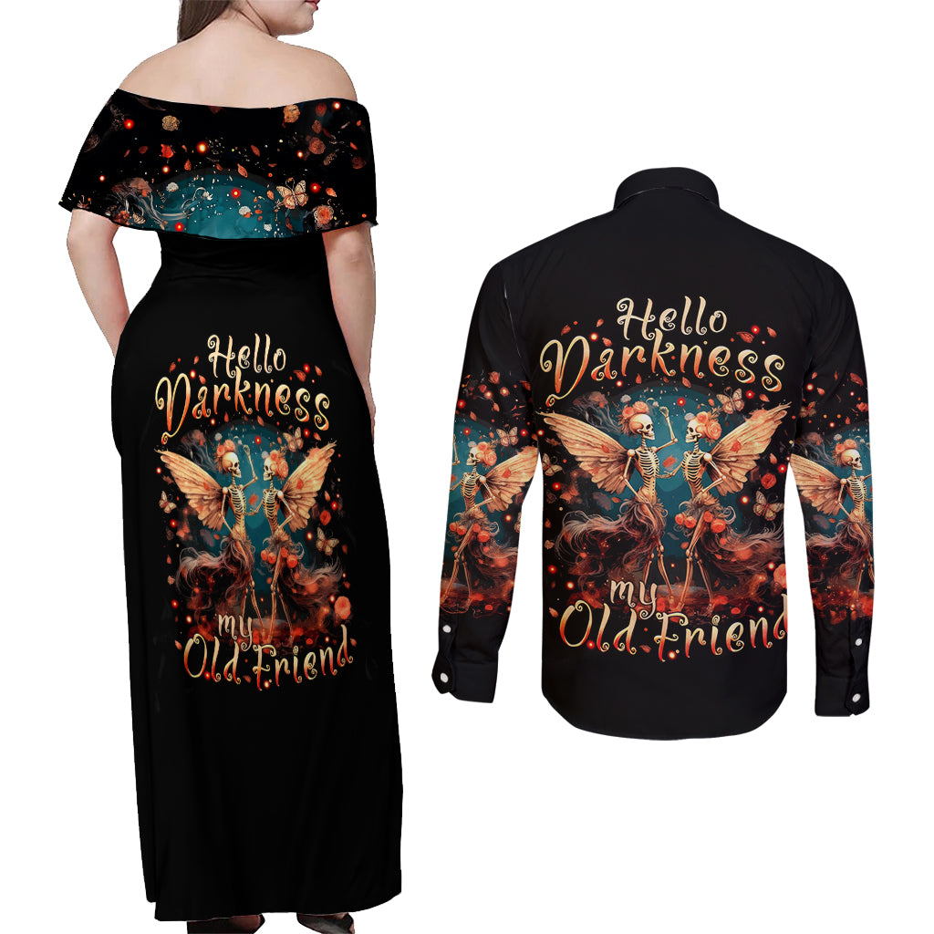 Fairy Skull Couples Matching Off Shoulder Maxi Dress and Long Sleeve Button Shirt Hello Darkness My Old Friend - Wonder Print Shop