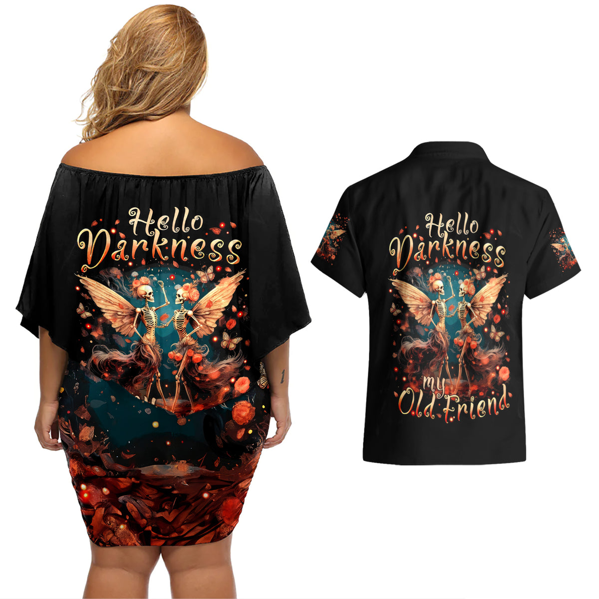 Fairy Skull Couples Matching Off Shoulder Short Dress and Hawaiian Shirt Hello Darkness My Old Friend - Wonder Print Shop