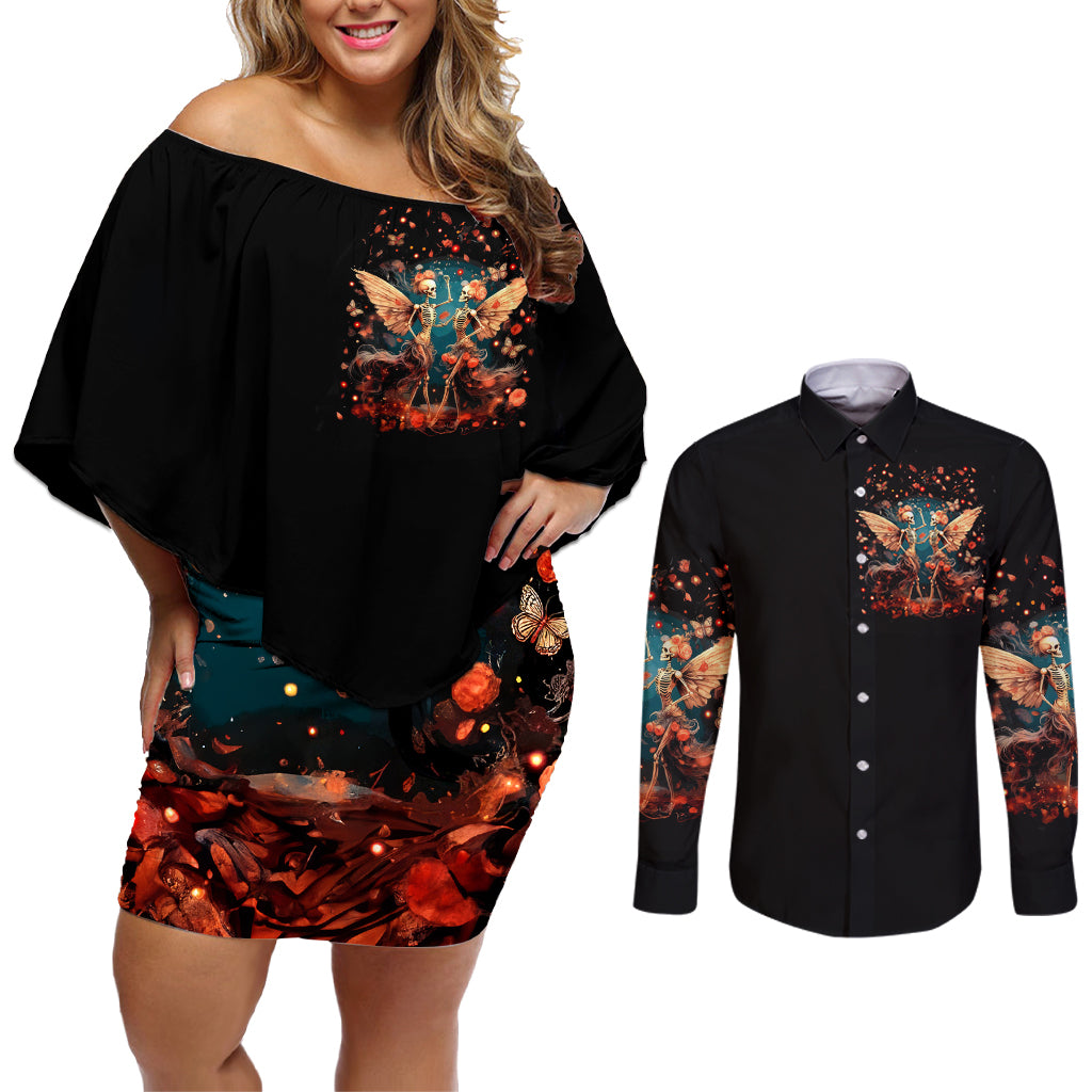 Fairy Skull Couples Matching Off Shoulder Short Dress and Long Sleeve Button Shirt Hello Darkness My Old Friend - Wonder Print Shop