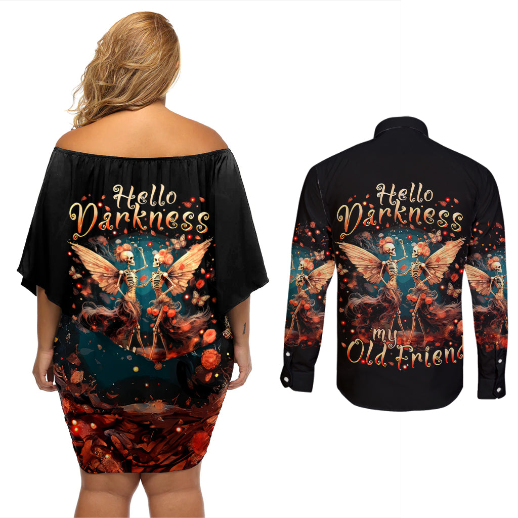 Fairy Skull Couples Matching Off Shoulder Short Dress and Long Sleeve Button Shirt Hello Darkness My Old Friend - Wonder Print Shop