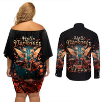 Fairy Skull Couples Matching Off Shoulder Short Dress and Long Sleeve Button Shirt Hello Darkness My Old Friend - Wonder Print Shop