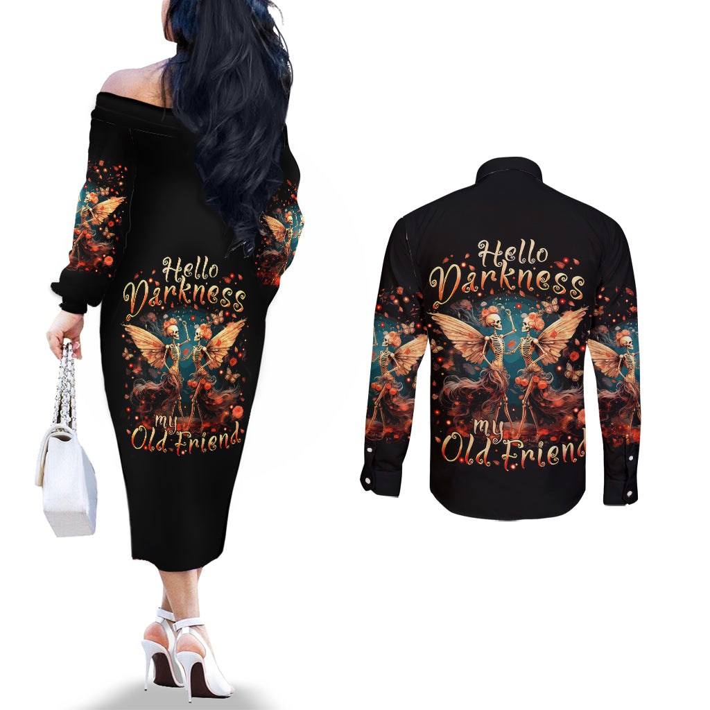 Fairy Skull Couples Matching Off The Shoulder Long Sleeve Dress and Long Sleeve Button Shirt Hello Darkness My Old Friend DT01