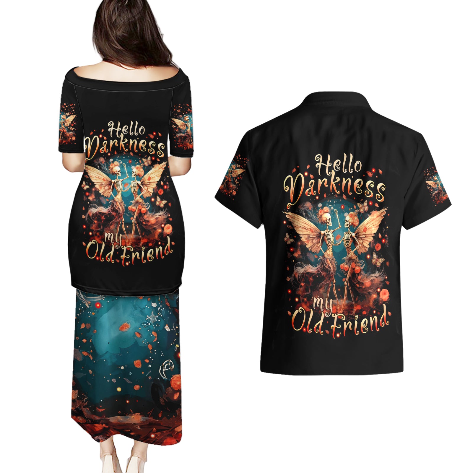 Fairy Skull Couples Matching Puletasi Dress and Hawaiian Shirt Hello Darkness My Old Friend - Wonder Print Shop