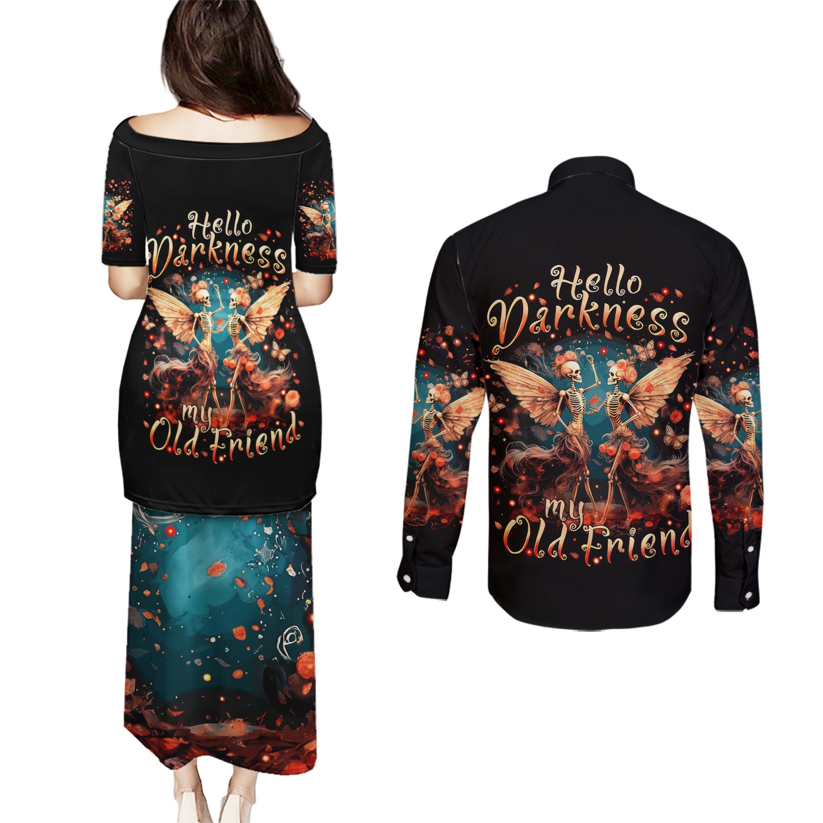 Fairy Skull Couples Matching Puletasi Dress and Long Sleeve Button Shirt Hello Darkness My Old Friend - Wonder Print Shop