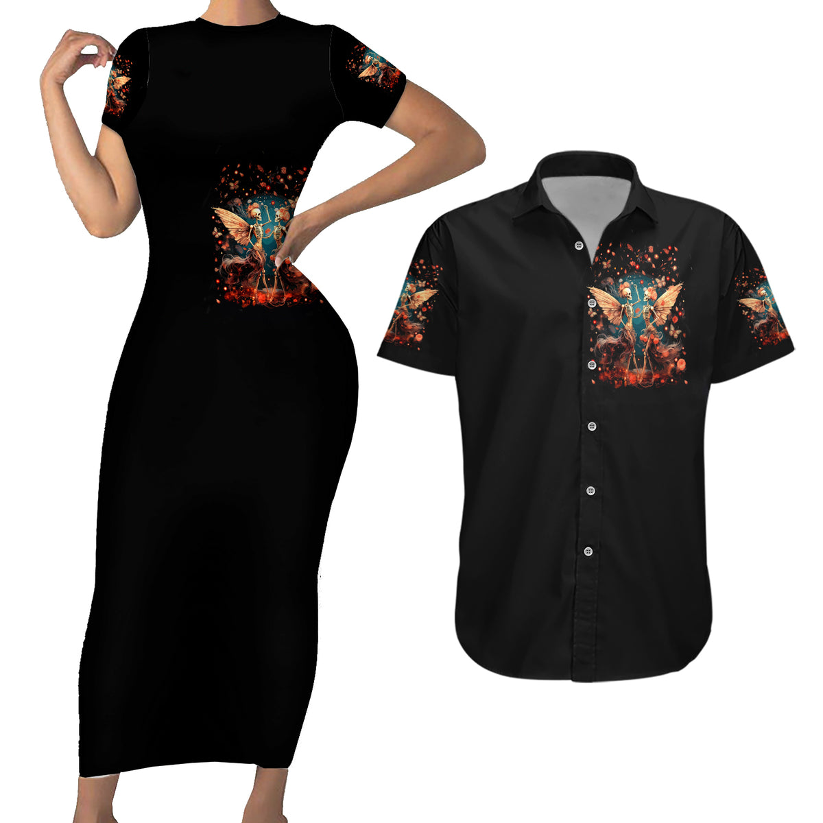 Fairy Skull Couples Matching Short Sleeve Bodycon Dress and Hawaiian Shirt Hello Darkness My Old Friend - Wonder Print Shop