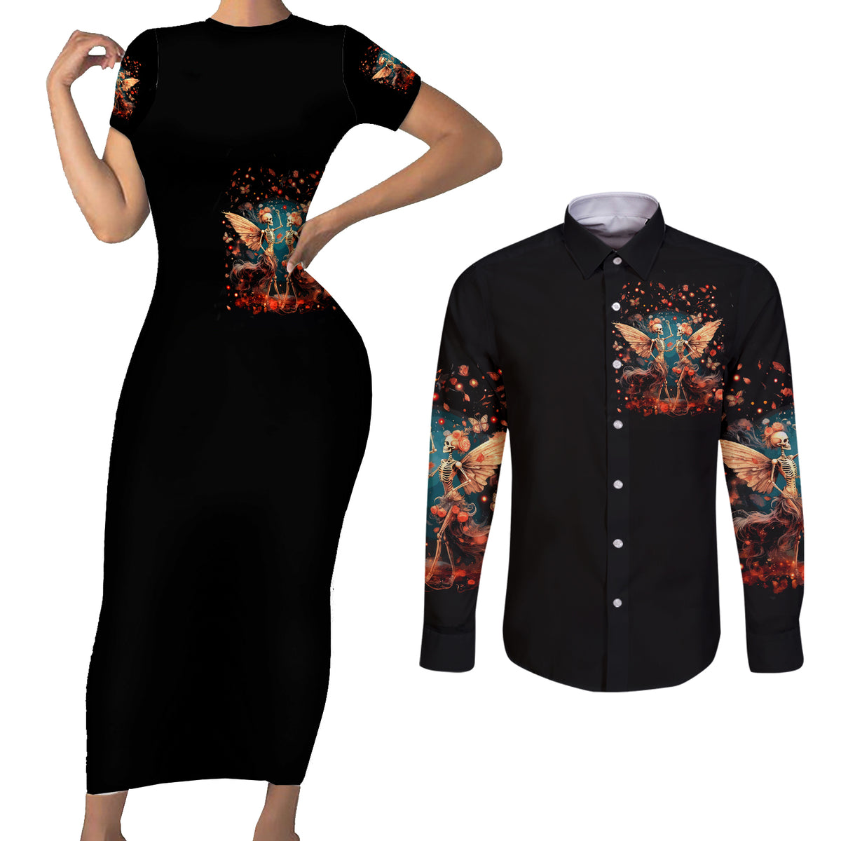 Fairy Skull Couples Matching Short Sleeve Bodycon Dress and Long Sleeve Button Shirt Hello Darkness My Old Friend - Wonder Print Shop