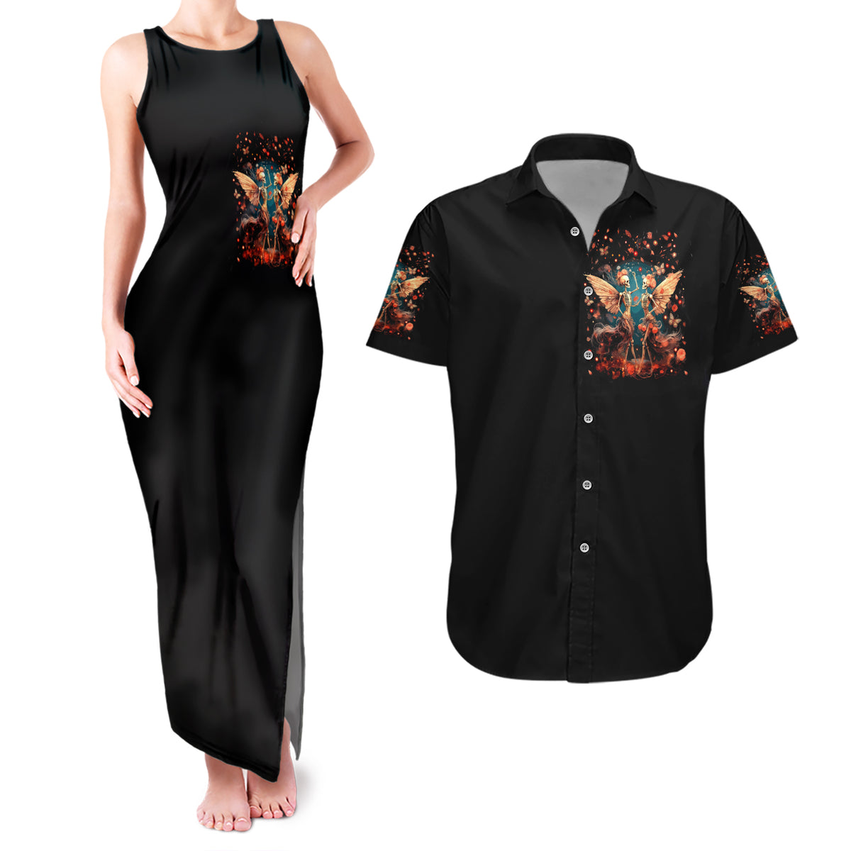 Fairy Skull Couples Matching Tank Maxi Dress and Hawaiian Shirt Hello Darkness My Old Friend - Wonder Print Shop