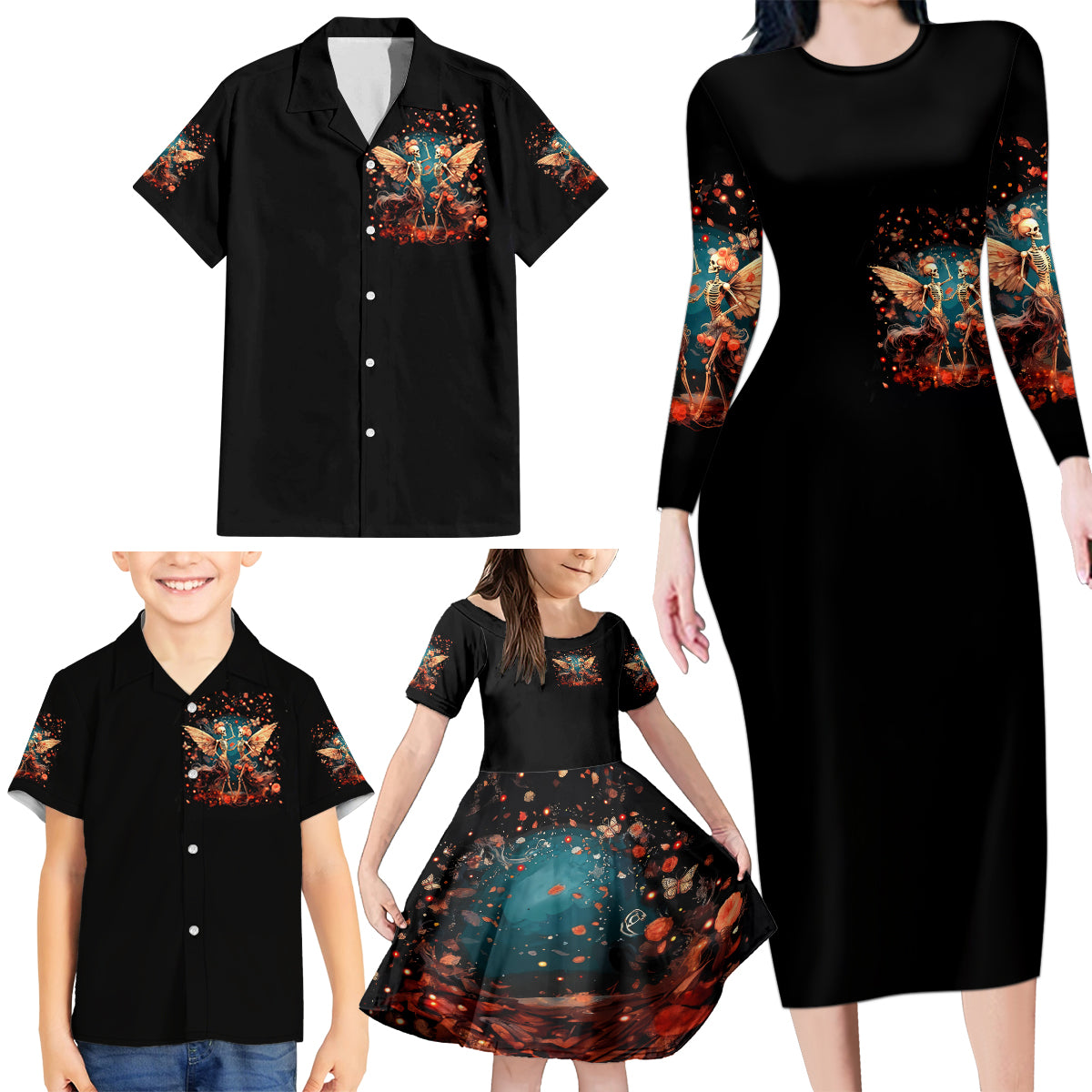 Fairy Skull Family Matching Long Sleeve Bodycon Dress and Hawaiian Shirt Hello Darkness My Old Friend - Wonder Print Shop